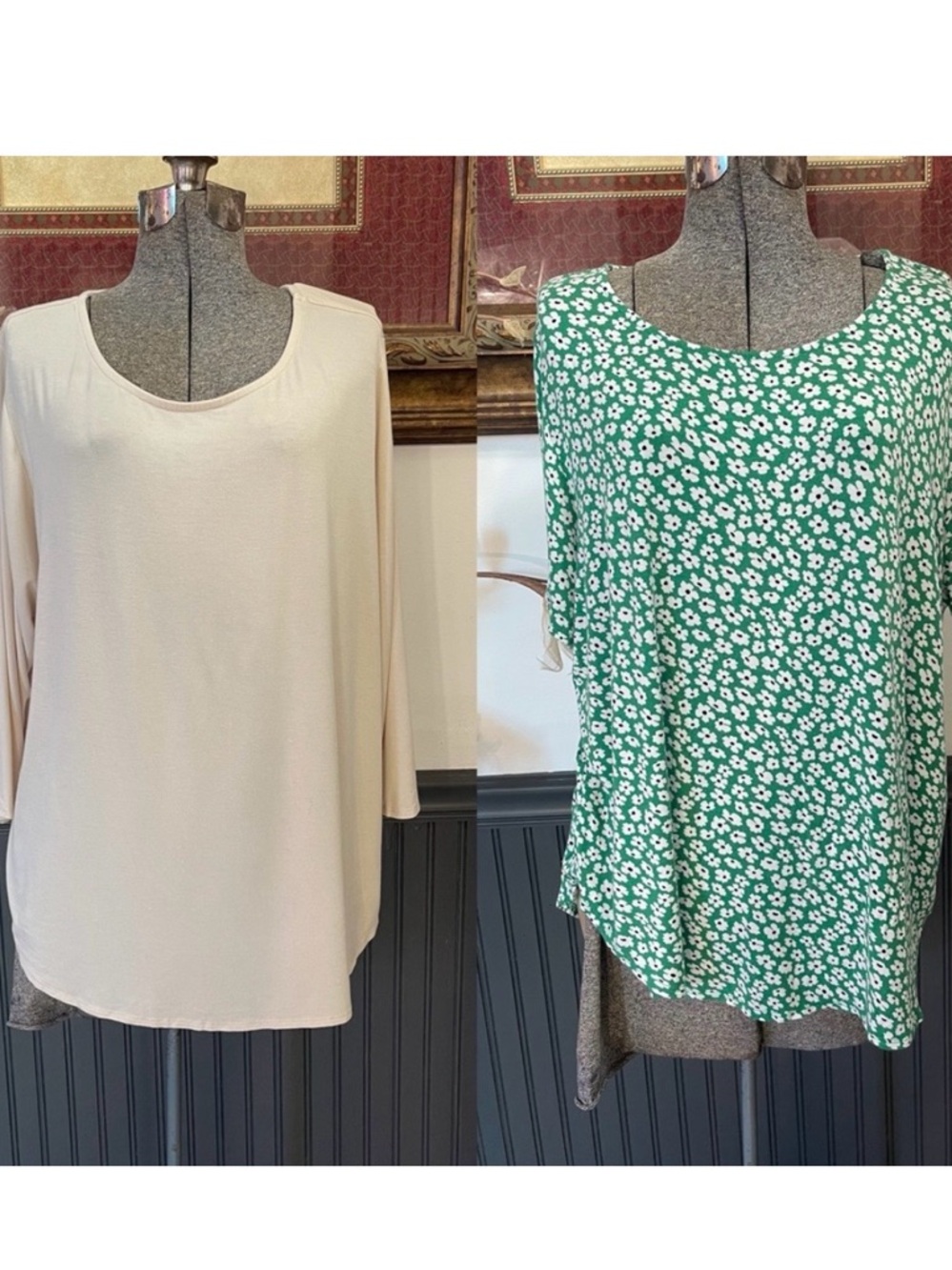 Philosophy 2 Piece Knit Top Bundle Stretch Scoop Neck Green Floral Cream~2X💚🍄